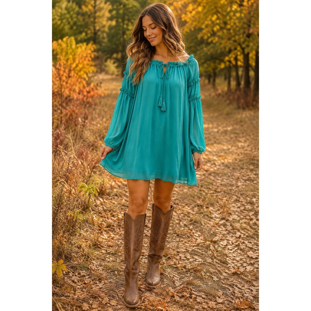 She + Sky Teal Green Silk Blend Off Shoulder Tassel Mini Dress Womens Small‎